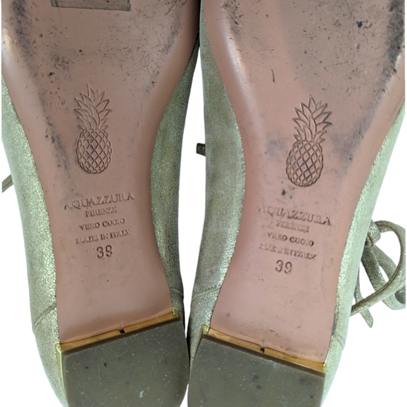 Aquazzura Leather Lace Up Ballet Flats Shoes Womens 39 Gold Designer Luxury - Picture 9 of 10